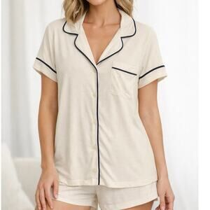 Eberjey Soft Modal Neutral Cream Button Front Pajama Top Medium
